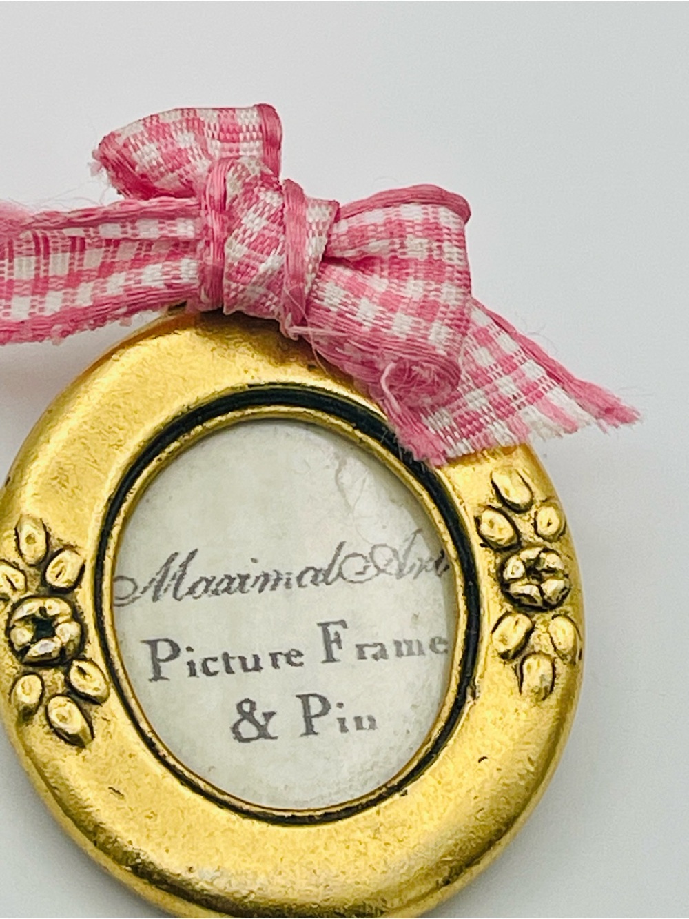 Vintage Gold tone over Pewter Floral Oval Brooch Picture Frame with Pink Bow